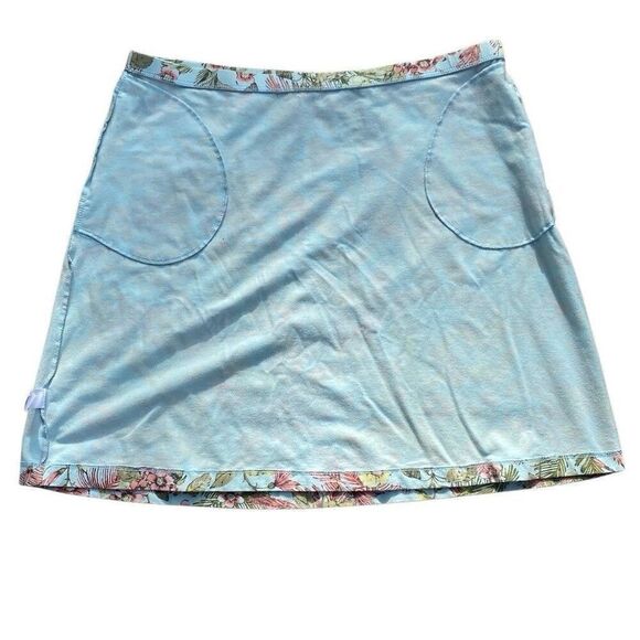 J. Jill Mini Skirt Light Blue Floral Tropical Beach Stretch Pockets Size Large - Picture 4 of 6